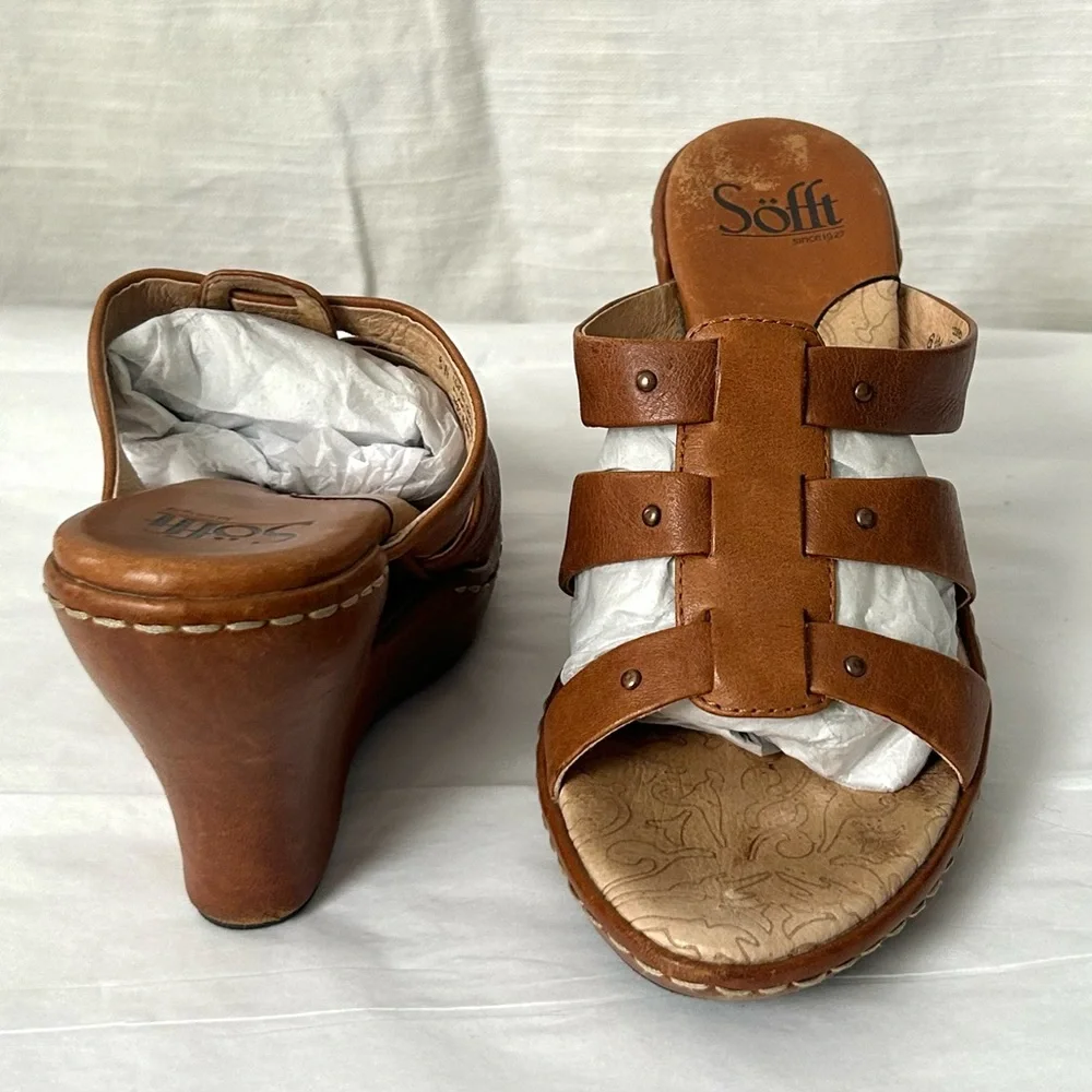 SOFFT Women's Brown Leather Cutout Neutral Minimalist Quiet Luxury Wedge Sandals